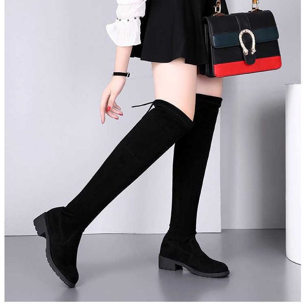 

boots autumn and winter boots knee length flat bottom elastic thin black suede student low thigh high heel large women shoes