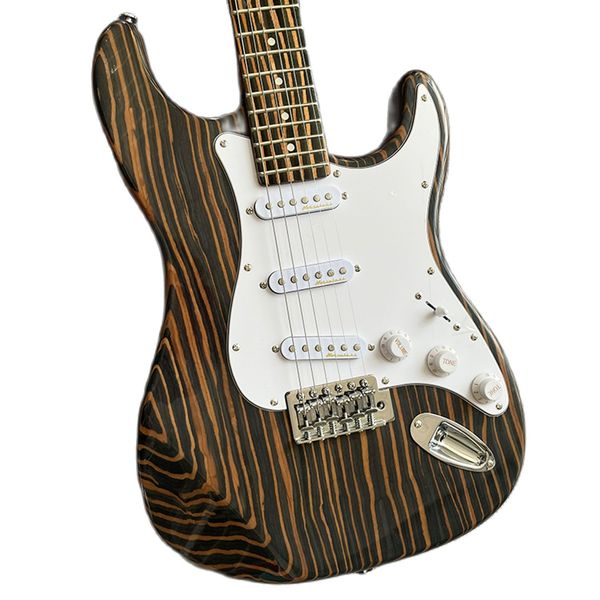 

lvyclassic electric guitar made of quality zebra wood tremolo system professional performance level delivery to home.