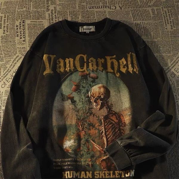 

designer loose letters & skull print pure cotton t-shirt for men and women oversize pullover hoodies sweatshirt, Black