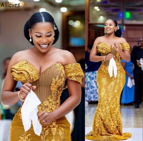 

golden african girls mermaid prom dresses off the shoulder corset lace appliques beaded plus size formal evening party gowns second receptio, Black