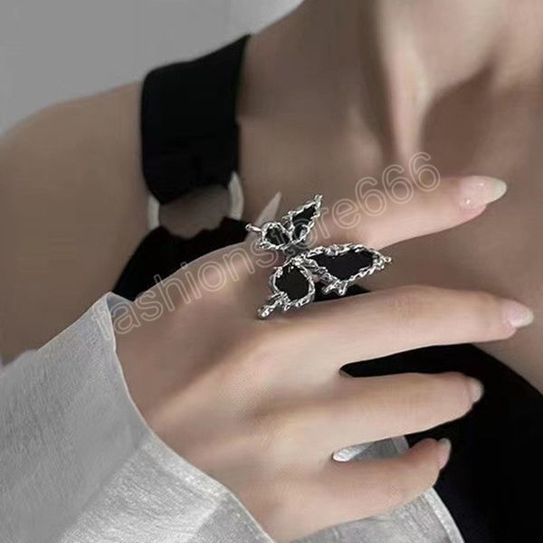 

black color butterfly ring for women rock vintage liquid silver color metal irregular open rings party jewelry gift