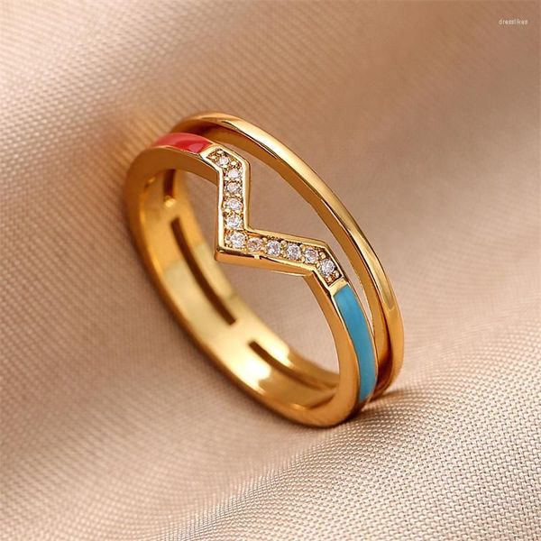 

2022 new fashion cluster rings minimalist geometric enamel finger cubic zirconia ring for women trendy party jewelry wholesale high quality, Golden;silver