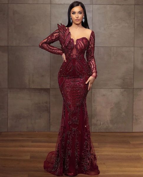 

burgundy mermaid prom dresses long sleeves v neck appliques sequins beaded evening dresses 3d lace floor length hollow formal dresses plus s, Black