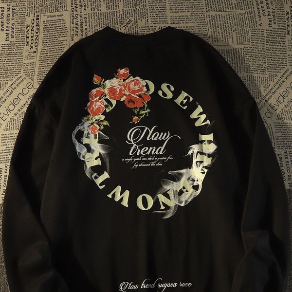 

designer loose flower print pure cotton t-shirt for couple oversize 2 color hoodies sweatshirt, Black