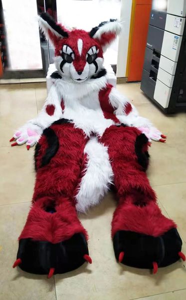 

husky mid-length fur all-in-one fox mascot costume walking halloween suit stage performance costume, Red;yellow
