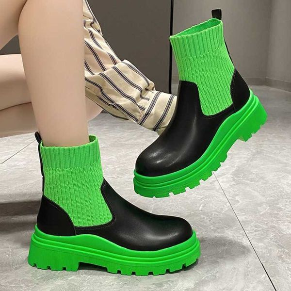 

boots fashion chelsea green round toe knit thick sole leather sock winter new ladies motorcycle 221213, Black