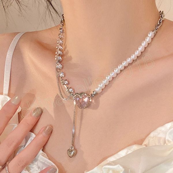 

simulated pearl choker necklaces for women fashion crystal heart pendant necklace clavicle chain party wedding jewelry gift, Silver