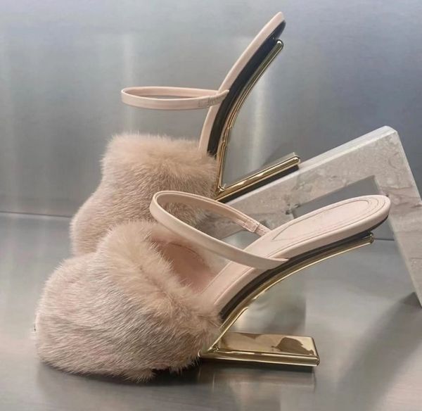 

luxury first women sandals shoes mink fur strap wedges fshaped sculpted heel mules slip on casual slippers eu35-43 original box, Black