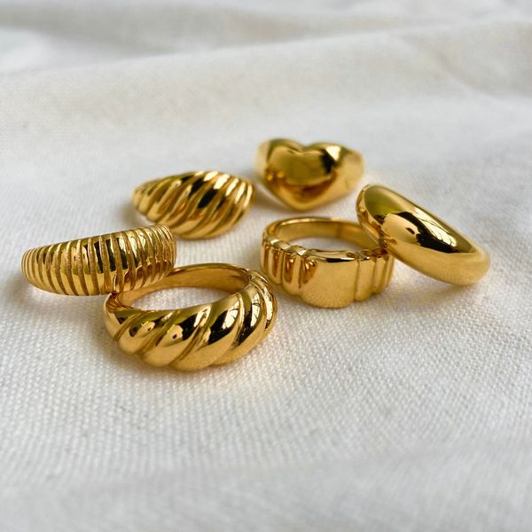 

croissant ring 18k gold ip plateding stainless steel statement engraved stripes braided twisted rope signet chunky rings, Silver