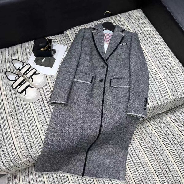 

womens wool blends coat herringbone lapel buttons slim wool coats stripe lining cotton warm outerwear autumn winter fashion brand women appa, Black
