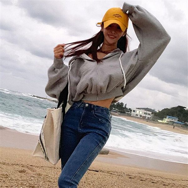 

women's sportswear sweatshirt designer hooded zipper short sweater women's new fashion loose cardigan coat, Gray