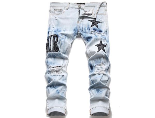 

men039s jeans european jean hombre letter star men embroidery patchwork ripped for trend brand motorcycle pant mens skinny9489152, Blue