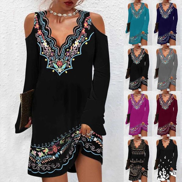 

fall womens clothing ethnic dresses style retro printed wave v-neck, Black;gray