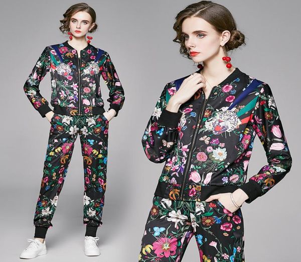 

drop spring fall runway two pieces 2pcs womens ladies casual sets vintage floral print zippered jacket coat pants trac7936340, White