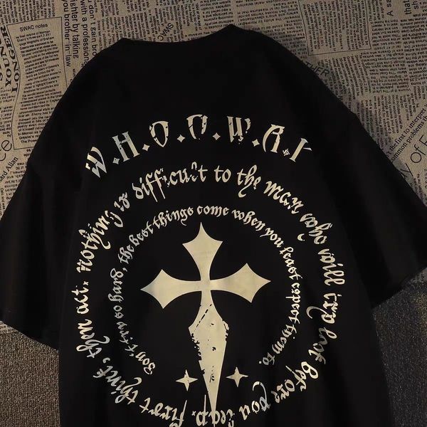 

designer streetwear super cool cross print pure cotton t-shirt for couples oversize pullover hoodies sweatshirt, Black