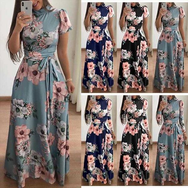 

autumn flower print short sleeve large swing dress womens clothing, Black;gray