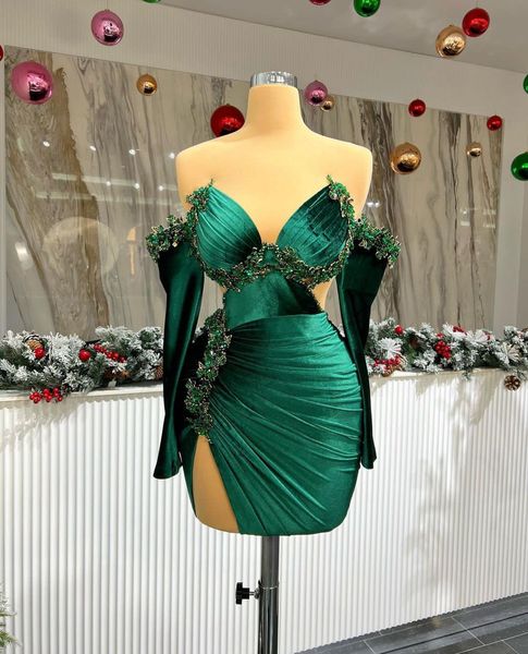 

dark green new arrival velvet evening dresses v neck long sleeves strapless beaded hollow sequins applique celebrity thigh length prom dress, Black;red