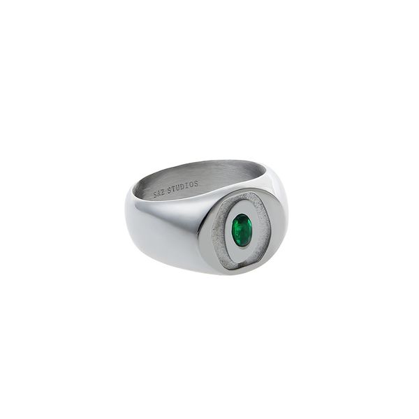 

original design green zircon ring male fashion niche senior ins personality hip-hop street special-shaped jewelry accessories, Silver