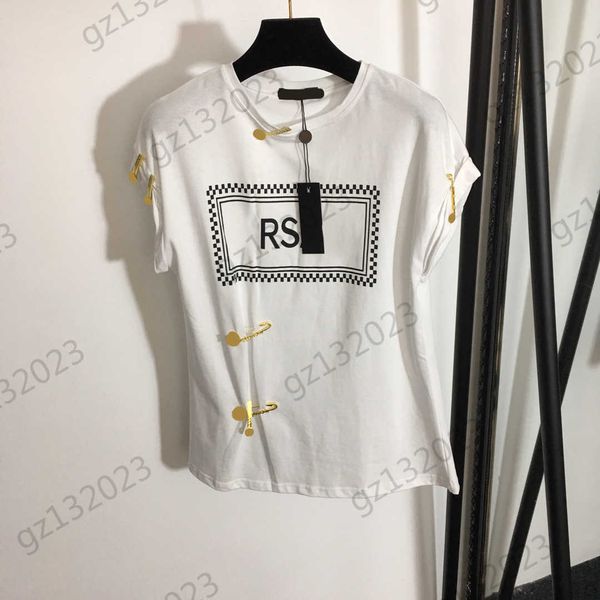 

womens t-shirts contrasting colors letter printing metal pin trim round neck pullover front fold slim waist line short sleeve cool tees wom, White