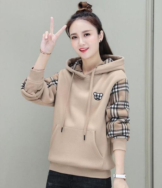 

women's hoodies autumn winter fleece bear r hoodie plaid long sleeve hooded casual sweatshirts, Black