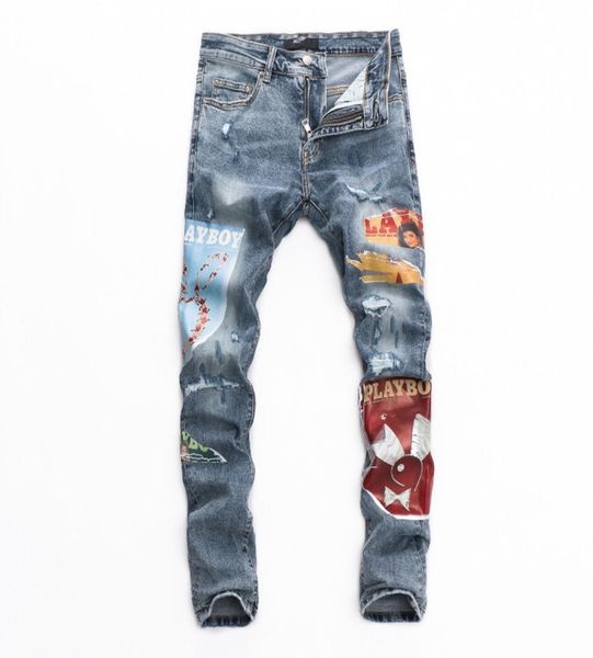 

high qualit yamirs men denim designer jeans embroidery pants fashion holes trouser us size 2840 hip hop distressed zipper trouser8609900, Blue
