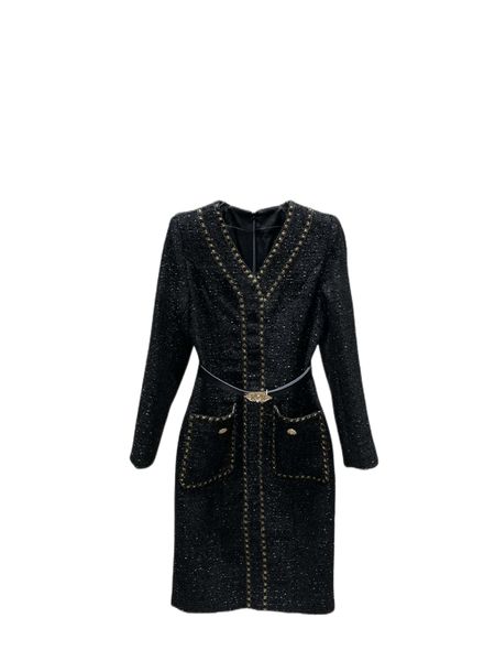

autumn and winter 22 new tweed elegant fashion waist closing dress, Black;gray