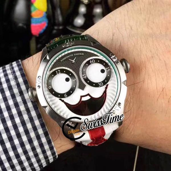 

new konstantin chaykin joker unique smiling face steel case green inner russian time swiss quartz mens watch black leather strap r200p, Slivery;brown