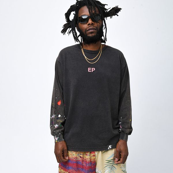 

22fw men's women letters painted ls tee sweatshirt classic street fashion crewneck pullover casual vintage washed long sleeve spring au, Black