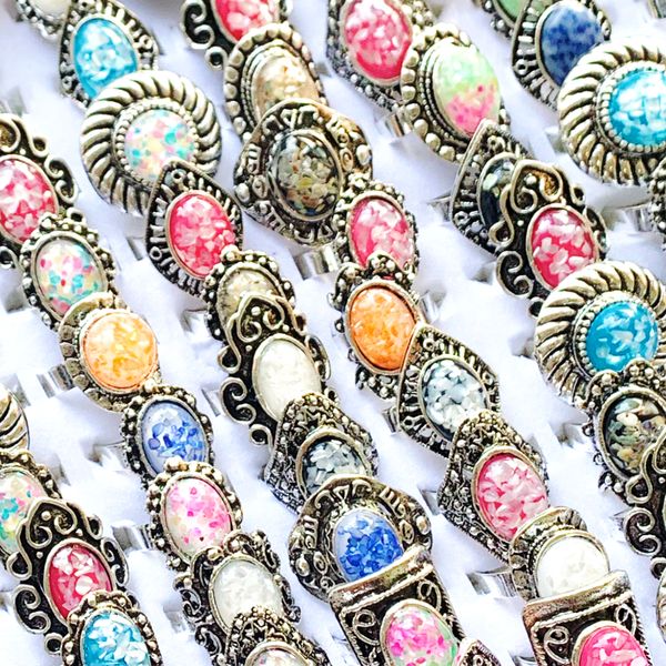 

20pcs shell stone vintage cluster diamond ring mix antique silver plated for women colorful fashion open finger charms jewelry gifts wholesa, Golden;silver