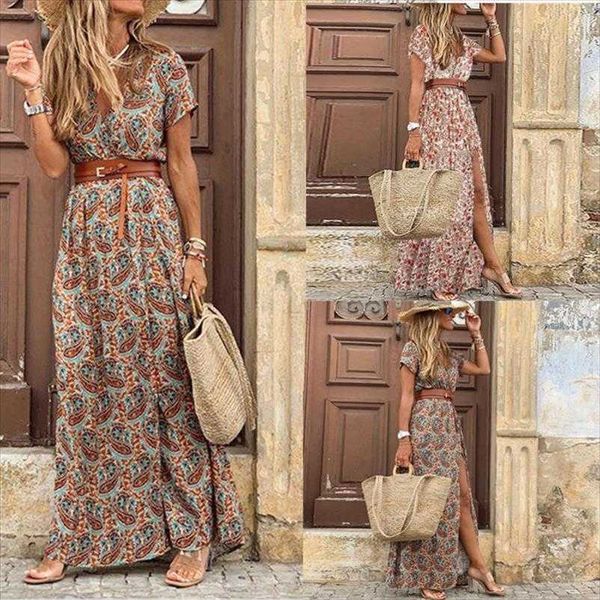 

fashion bohemian style dresses v neck floral long sleeve summer dress, Black;gray