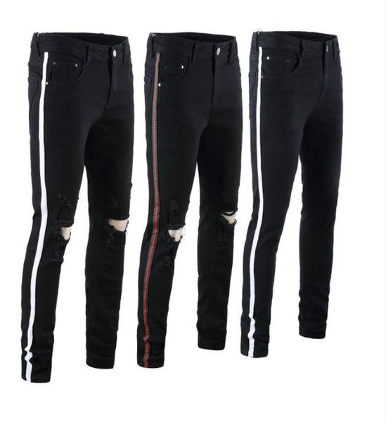 

men skinny jeans piping casual slim denim knees holes ripped pants 2106285, Blue