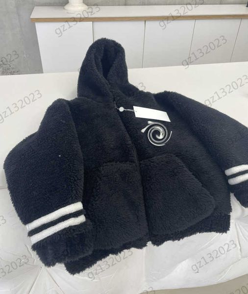 

women jackets chest flocking logo hooded short lamb jackets contrasting color stripes embellish long-sleeved zipper opening thickened coat w, Black;brown