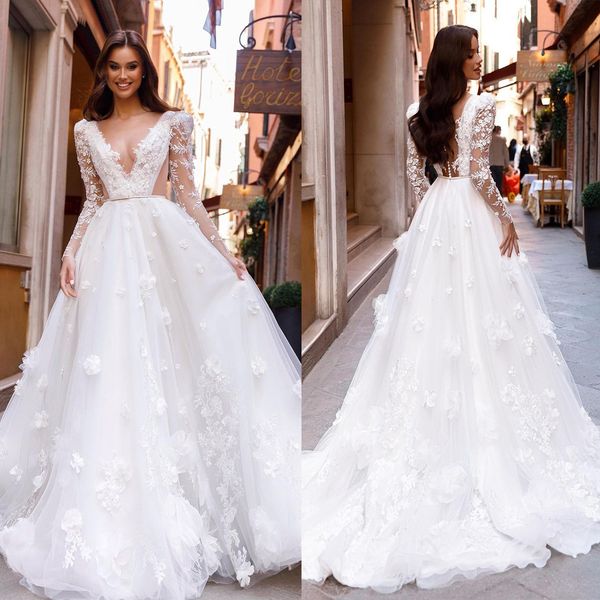 

glamorous a-line wedding dresses v-neck long lace sleeves 3d-floral applicants backless thin waistband court gown dress custom made plus siz, White