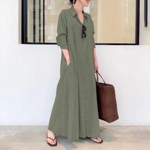 

style cotton linen solid casual dresses color lapel long sleeve pocket simple, Black;gray