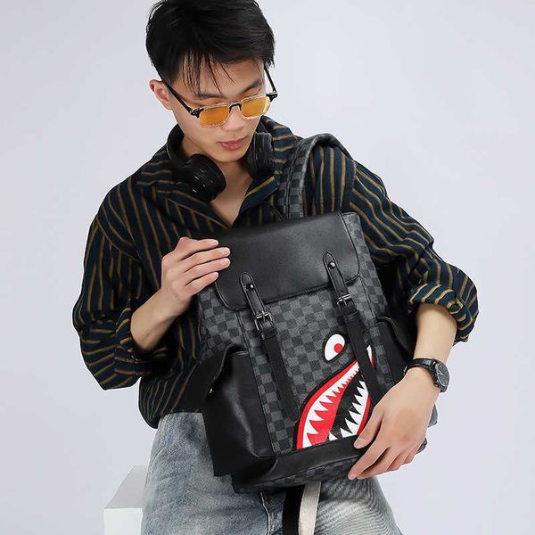 

backpack style korean new plaid backpack men's and women's leather large capacity trend travel bag student schoolbag computer bag2