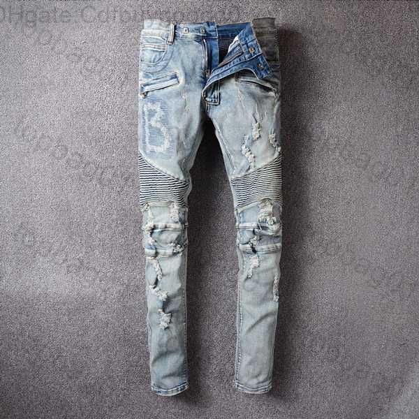 

distressed jeans 2021 motorcycle mens biker jean rock skinny slim ripped hole letter brand hip hop denim pants 21ss fxjr, Blue