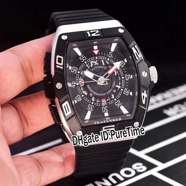 

new skafander skf 46 dv sc dt miyota 8215 automatic mens watch steel case black ceramic bezel skeleton dial black rubber puretime 240s, Slivery;brown