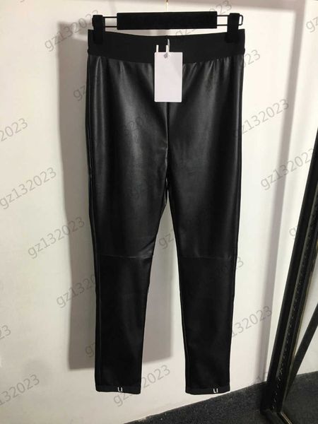

women pants contrasting color letter webbing elastic waist trousers hem letter print slim pu leather pants luxury brand joker womens clothin, Black;white