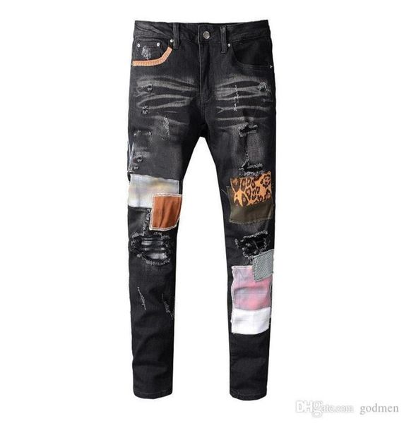 

mens jeans distressed motorcycle biker jean rock skinny slim ripped hole letter brand hip hop denim pants8331117, Blue