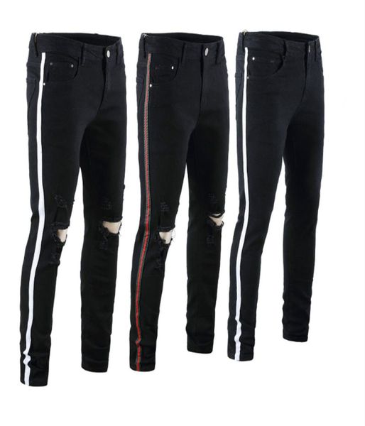 

men skinny jeans piping casual slim denim knees holes ripped pants 2242080, Blue