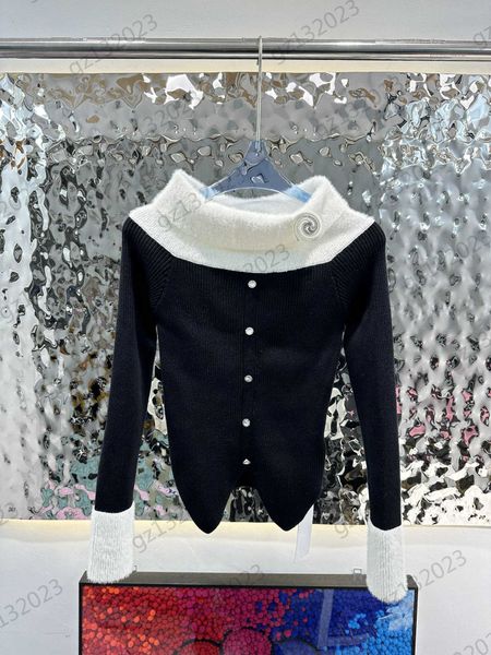 

womens sweaters contrast color one line shoulder drill logo decoration knit sweater irregular hem design slim knitwear fashion women clothin, White;black