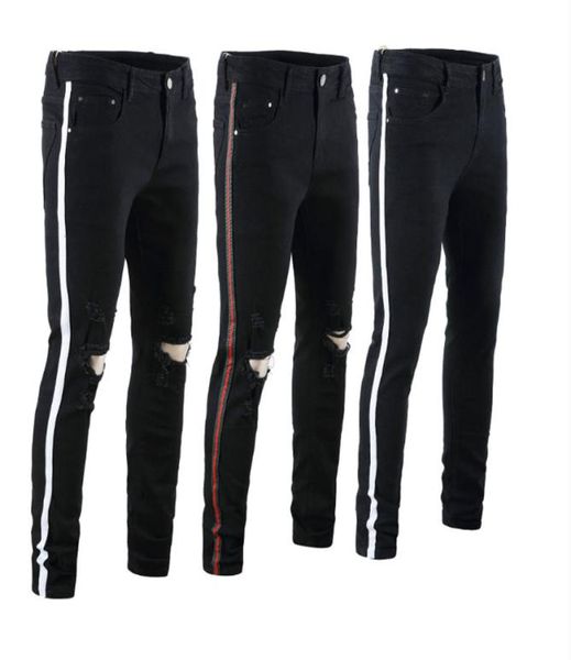 

men skinny jeans piping casual slim denim knees holes ripped pants 2291566, Blue