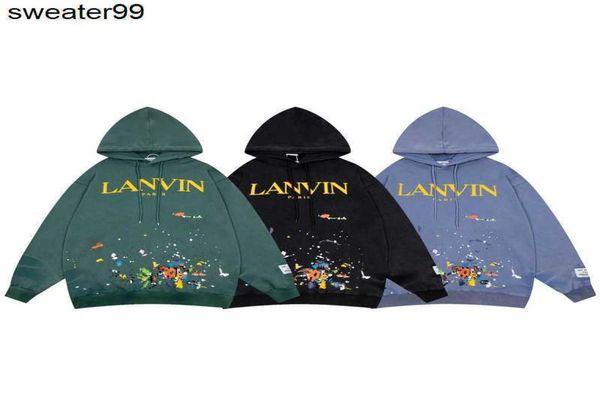 

the new lanvins langfan hoodies sweatshirts co branded tide brand old hooded drawstring ink splashed letter hoodie is the same for6721968, Black
