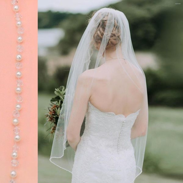 

bridal veils ueen v34 wedding crystal beaded bead edge short veil with comb soft single tier pearl veu, Black