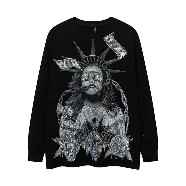 

designer statue print for men and women pure cotton long sleeves t-shirt streetwear oversize pullover hoodies sweatshirt, Black
