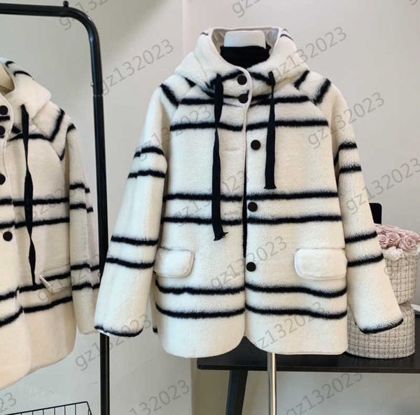 

women jackets contrasting color striped high neck hooded lamb wool jackets button open long sleeves warm coat simple fashion womens apparel, Black;brown