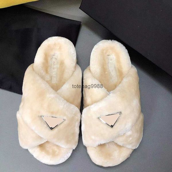 

women luxury slippers enameled triangles designer shoes wool slides crossover furry slide black white fashion