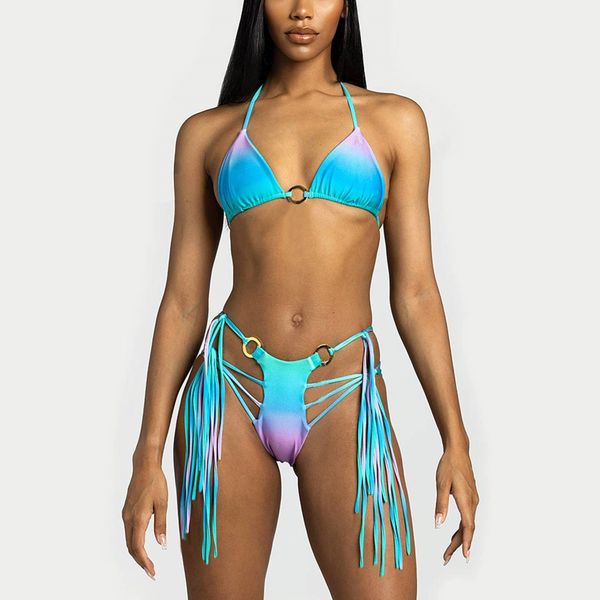

women two piece lace-up tassel bikini design polychromatic gradients hardware swimwear qj2026 summer sporty beach suit swimsuit, White;black