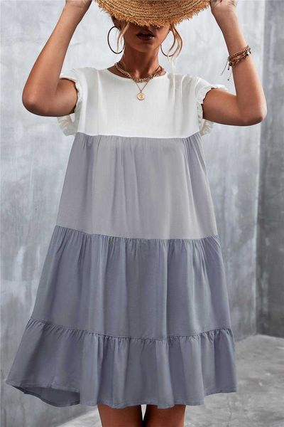 

spring and summer classic dress contrast color stitching big swing, Black;gray