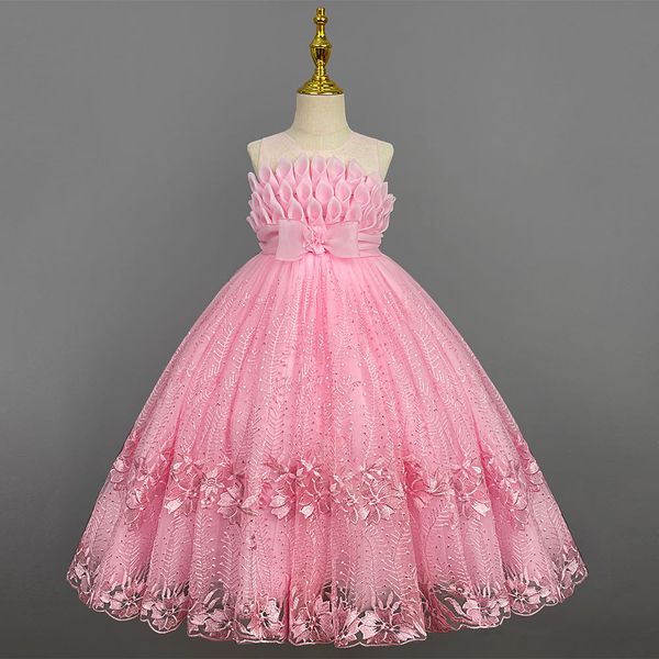 

pink ball gown beaded flower girl dresses for wedding sheer jewel neck 3d appliqued pageant gowns tulle first communion dress, White;blue